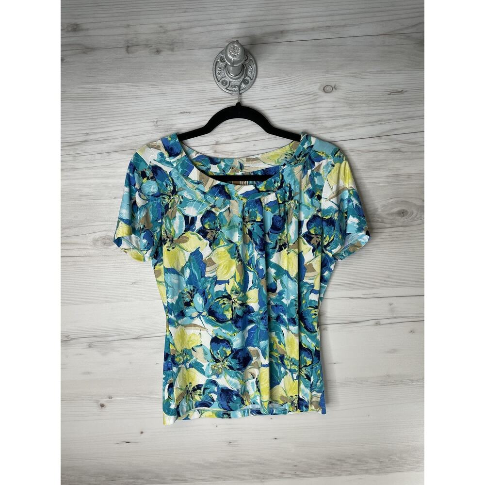 JM‎ Collection Shirt Womens Petite Medium Blue Green Floral Short Sleeve Stretch